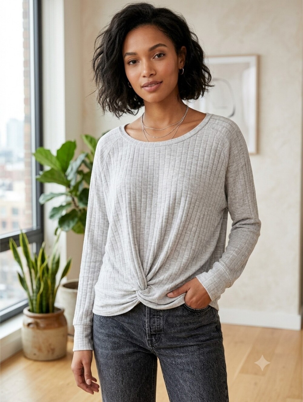 a.n.a. A New Approach Woman's Long Sleeve Ribbed Side Twist Top